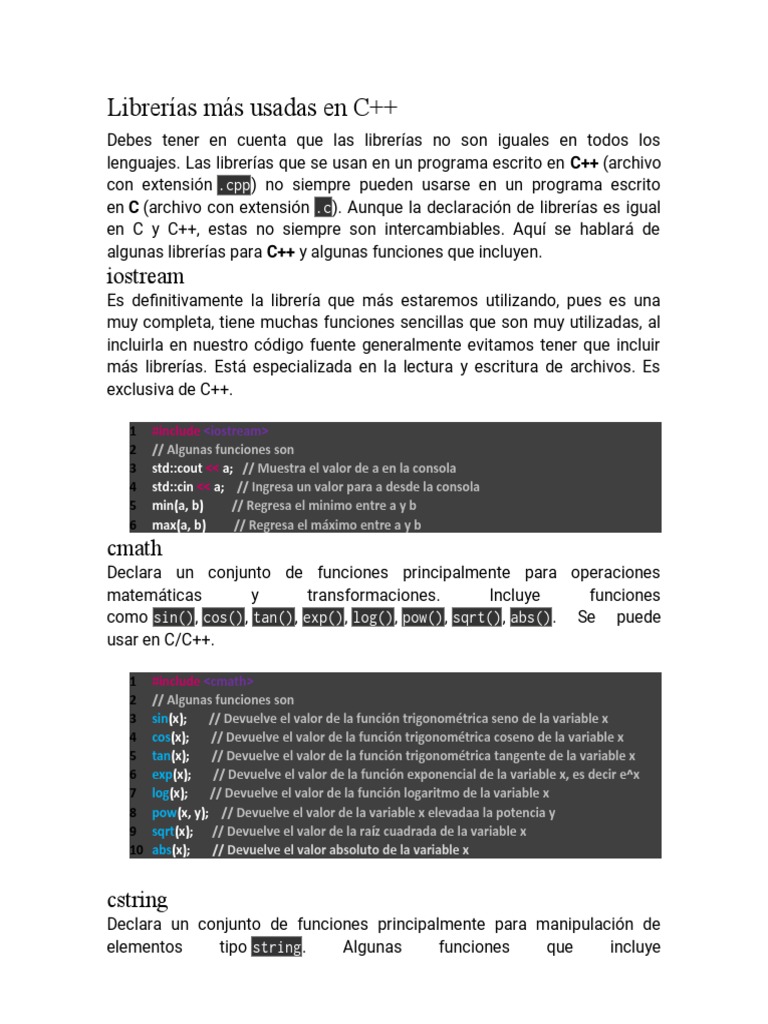Librerías Más Usadas en C++: Iostream | PDF | C ++ | Ingeniería Informática