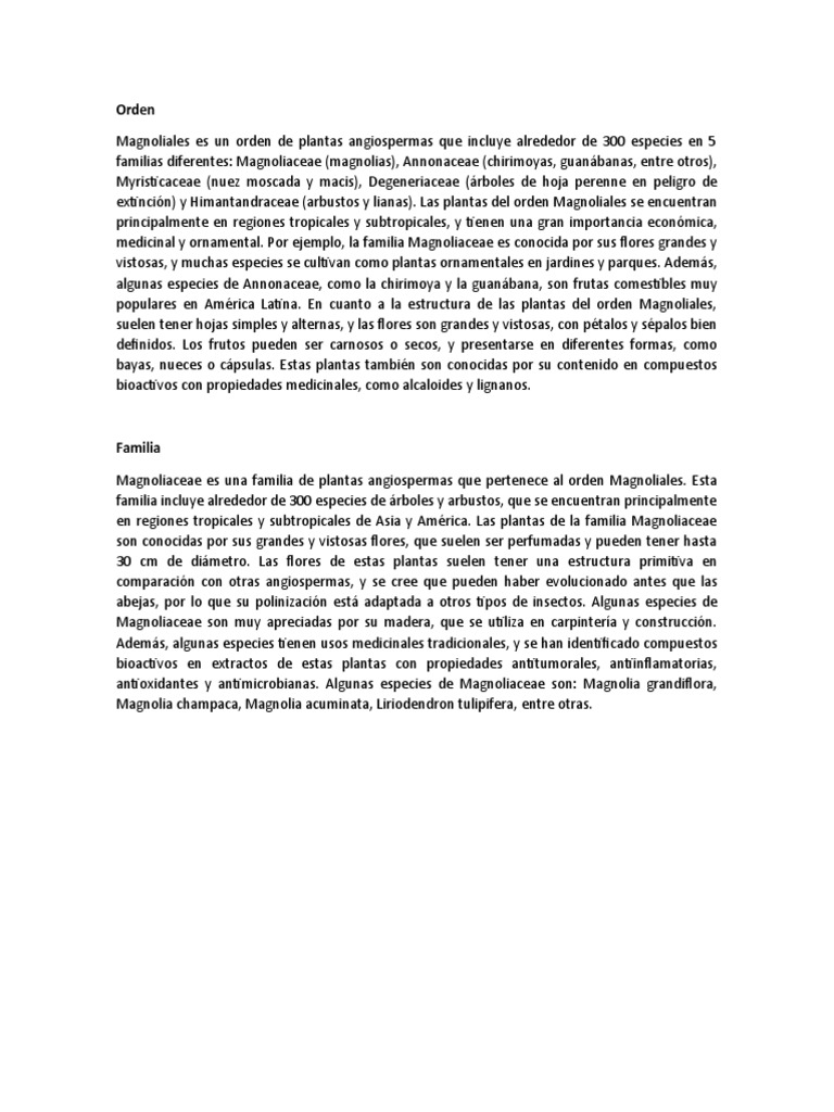 Orden Magnoliales: Especies y Usos | PDF | Ciencia y matemáticas