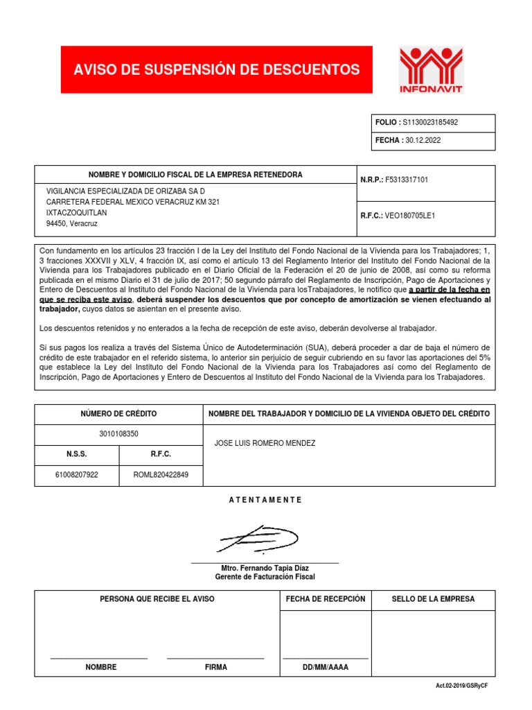 Aviso de Suspensión de Descuentos Infonavit | PDF | Gobierno