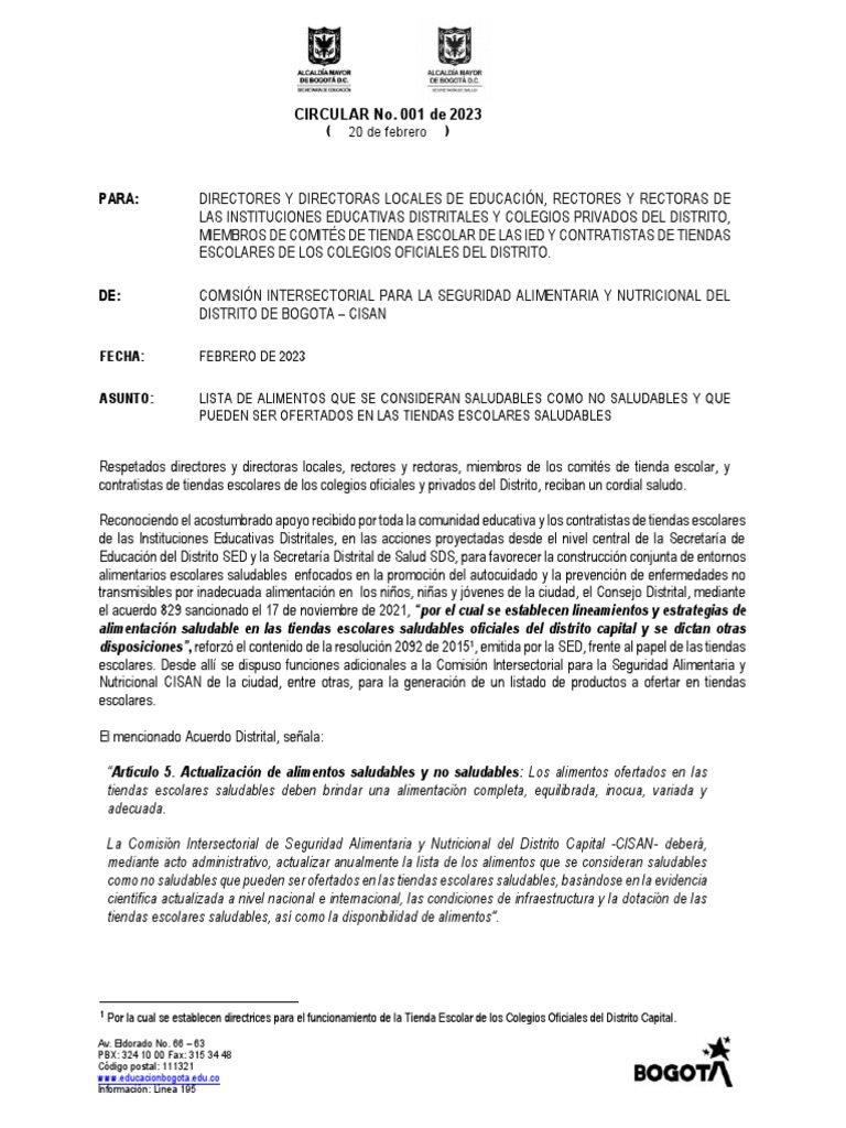 Circular conjunta sed sds alimentos tiendas escolares pdf