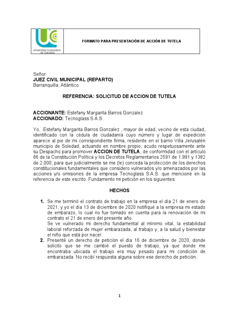 Acción de Tutela por Despido Embarazo | PDF