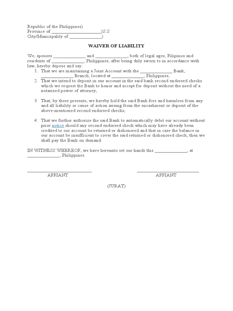 WAIVER OF BANKS LIABILITY FOR ACCEPTING SECOND ENDORSED CHECKS PDF