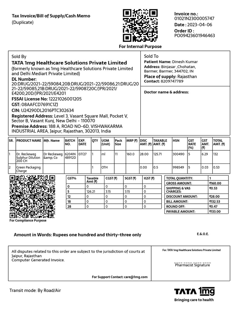 Tata 1mg healthcare solutions private limited barmer barmer 344702