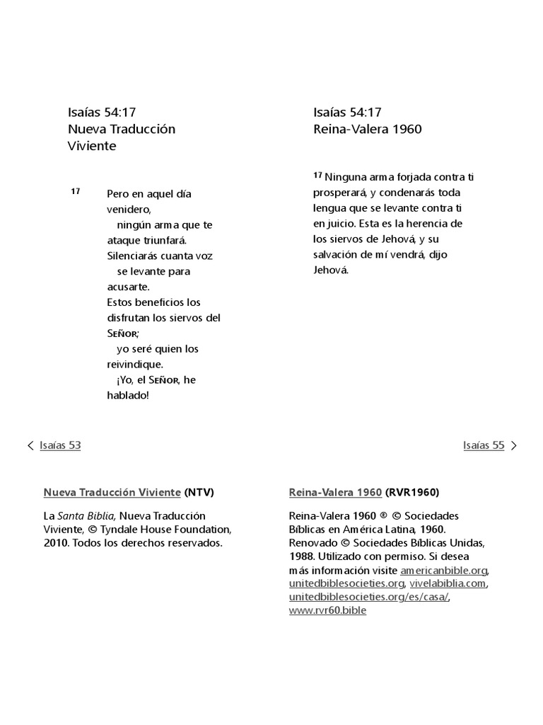 Isaías 54:17 Nueva Traducción Viviente Isaías 54:17 Reina-Valera 1960 | PDF