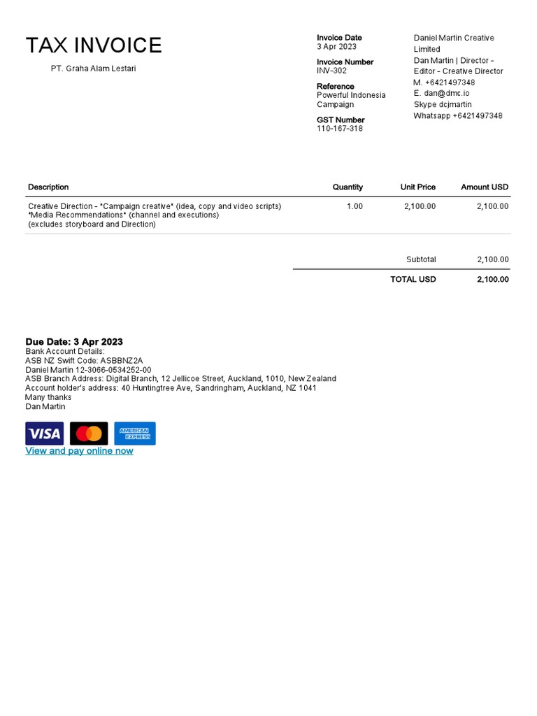 ASB Bank Details for Invoice INV-302 | PDF