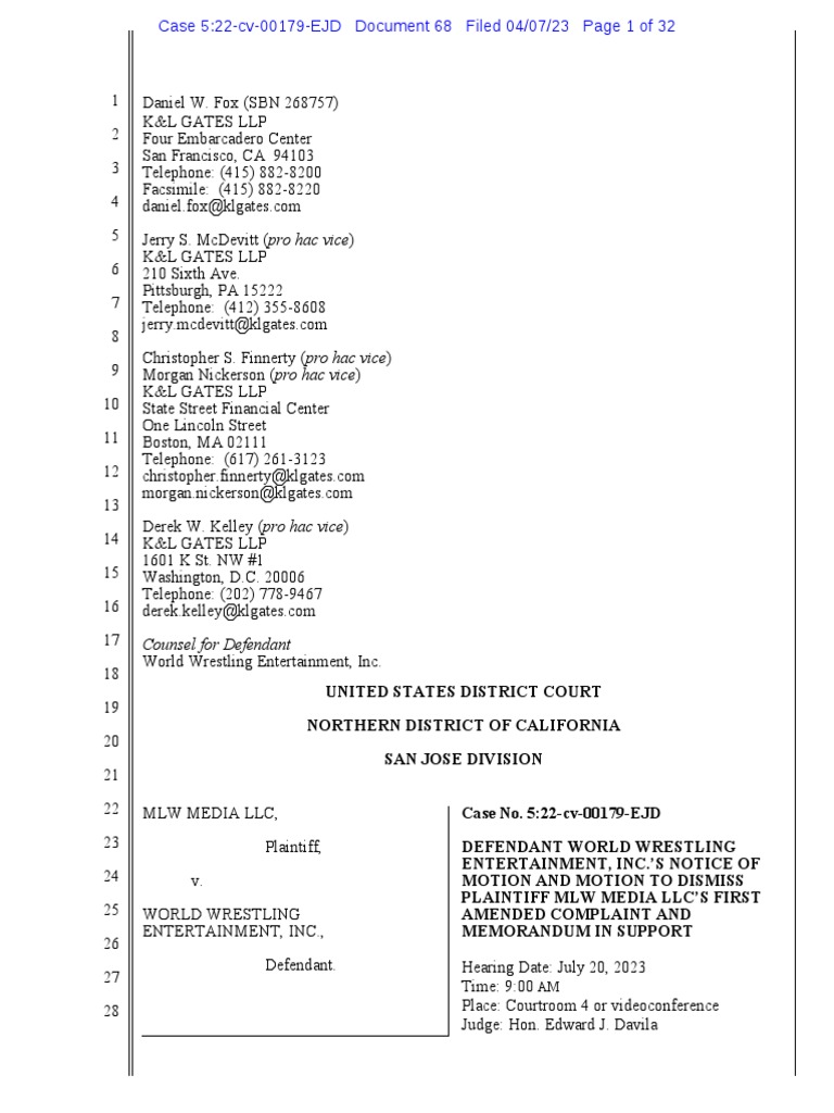 WWE Motion To Dismiss FAC of MLW | PDF