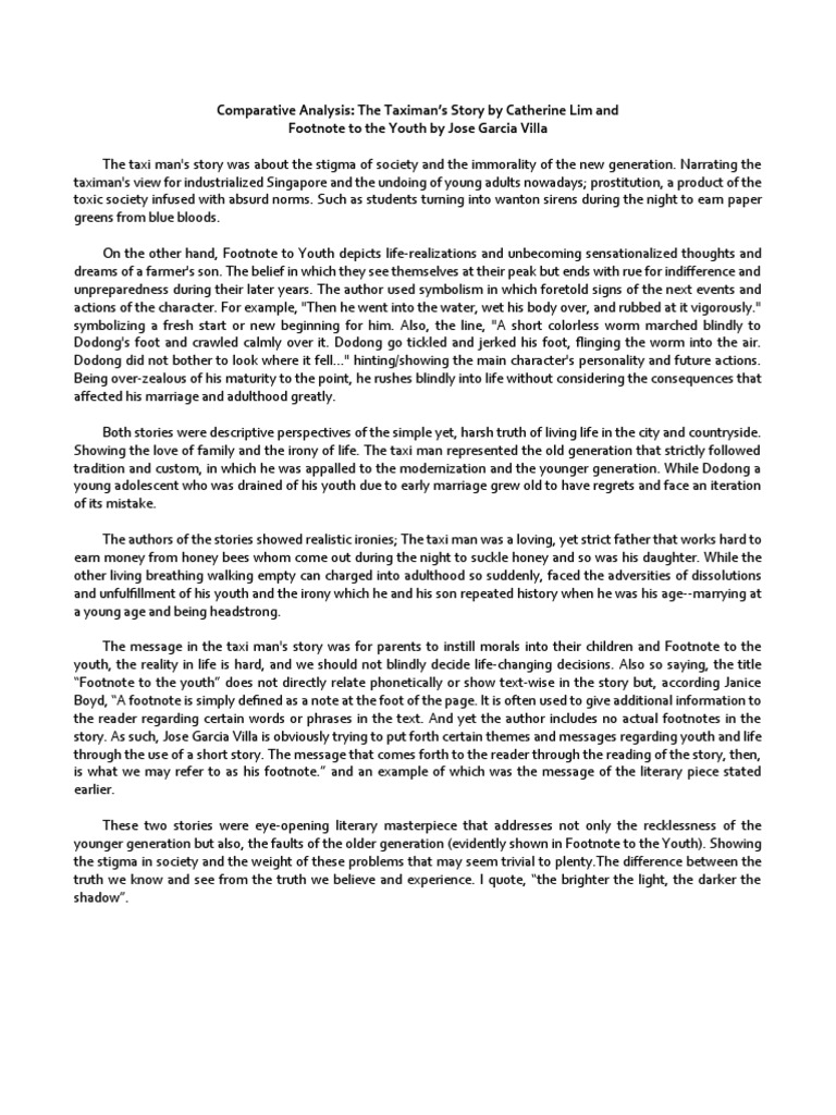 Comparative Analysis: The Taximan's Story by Catherine Lim and Footnote ...