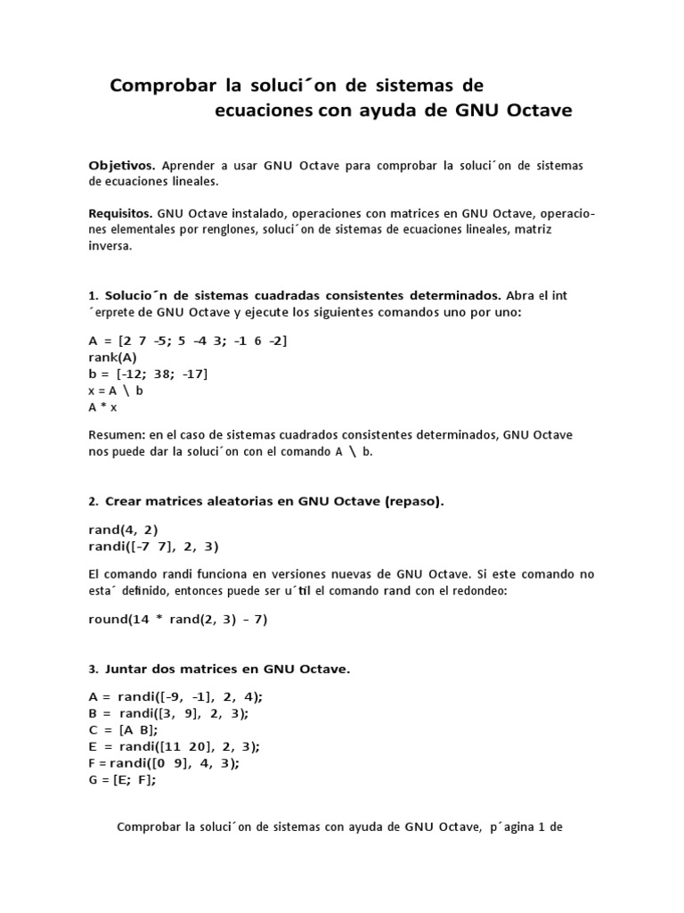 GNU Octave Syslineq Es | PDF | Matriz (Matemáticas) | Física Matemática