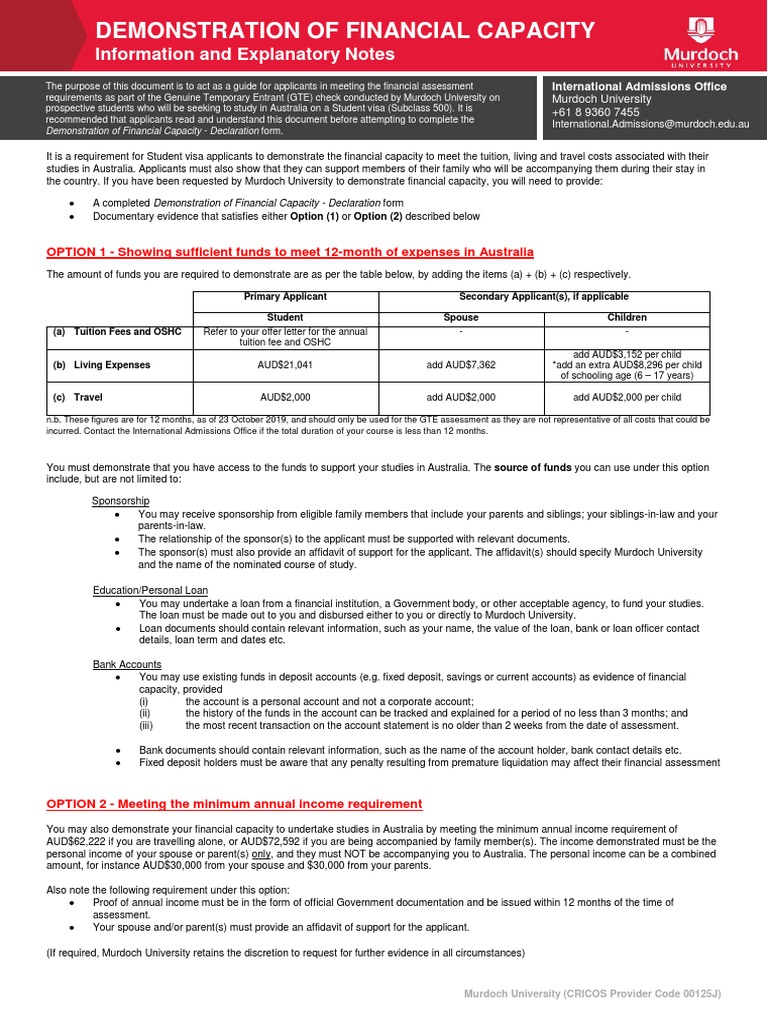 Financial Capacity for Murdoch University | PDF | Banks | Loans