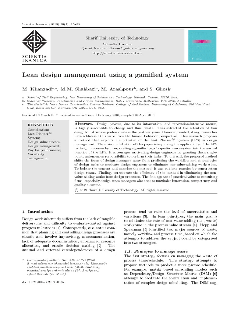 Khanzadi 2018 Lean Design Management Using A Gami | PDF | Student's T ...