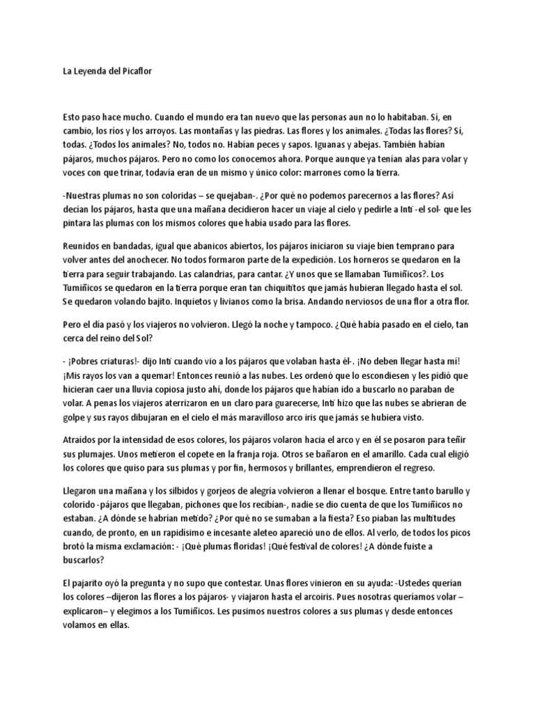 La Leyenda del Picaflor y el Arcoíris | PDF | Arco iris | Aves