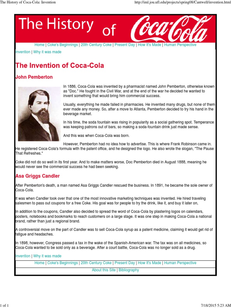 The History of Coca Cola Invention PDF Coca Cola Marketing