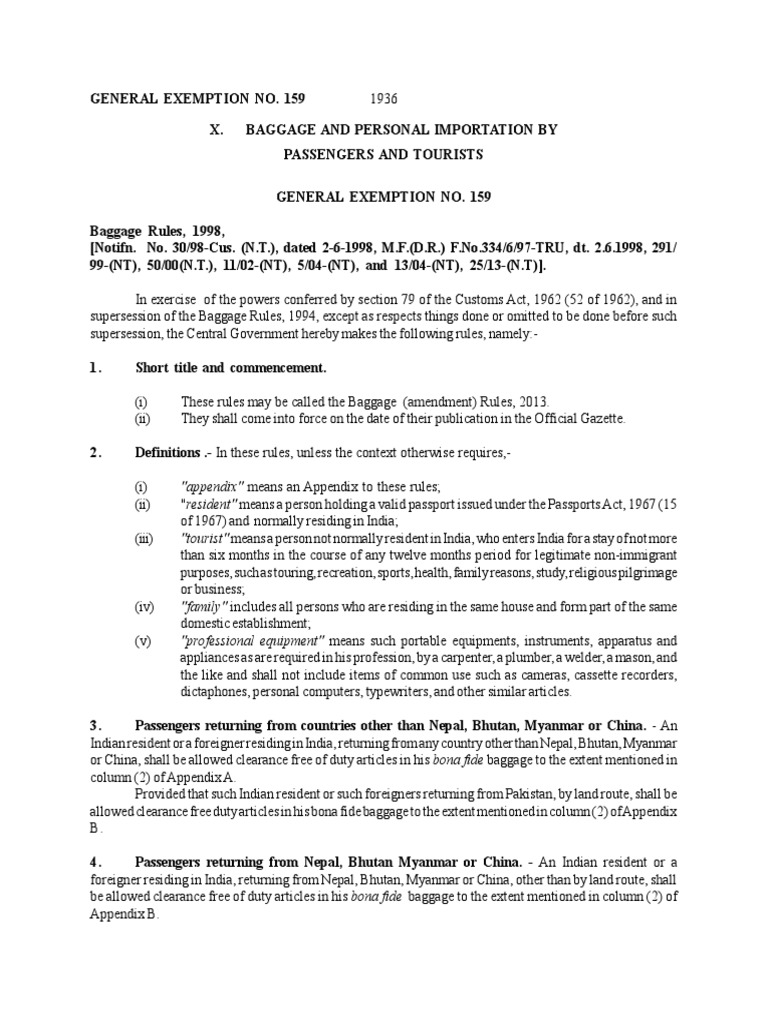 Guide To Baggage Rule of Indian Customs PDF Refrigerator Bhutan