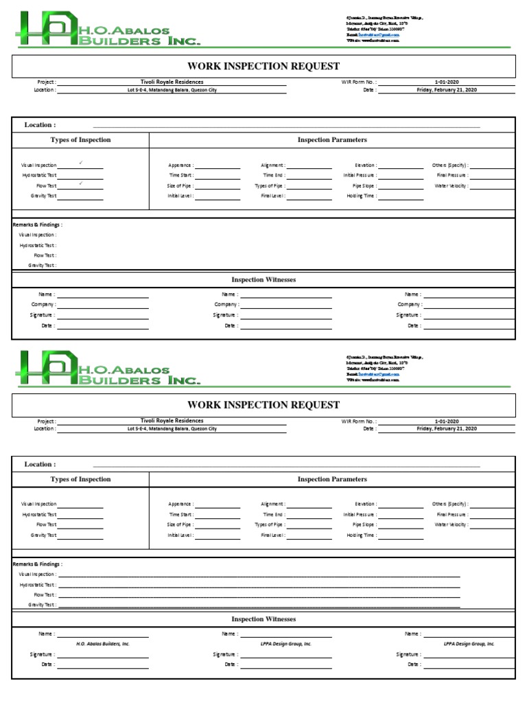WIR - Work Inspection Request Form | PDF