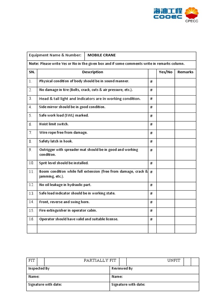 Crane Inspection Checklists PDF