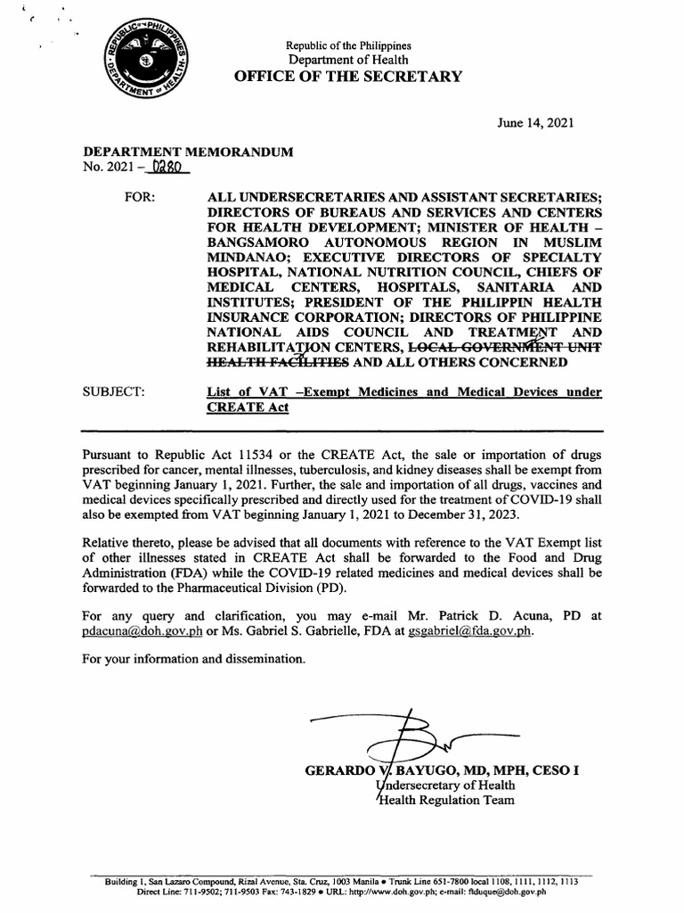 list of VAT exempt meds & med devices under CREATE act dm20210280