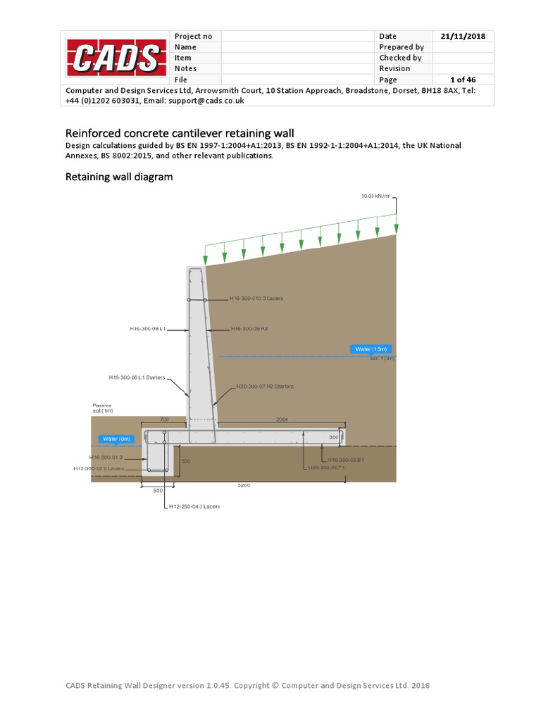 CADS Software Reinforced Concrete Cantilever Retaining Wall Report