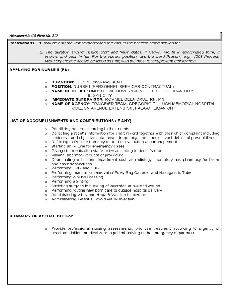 Sample Attachment To CS Form No. 212 | Download Free PDF | Patient ...