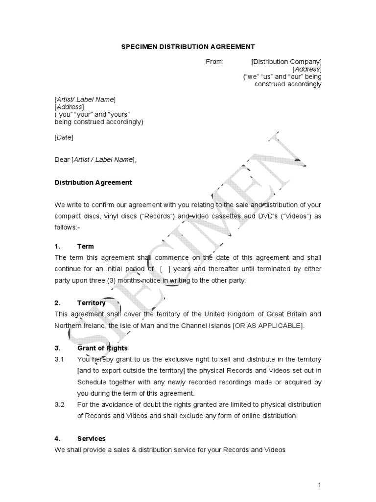 Specimen Distribution Agreement PDF Indemnity Fee