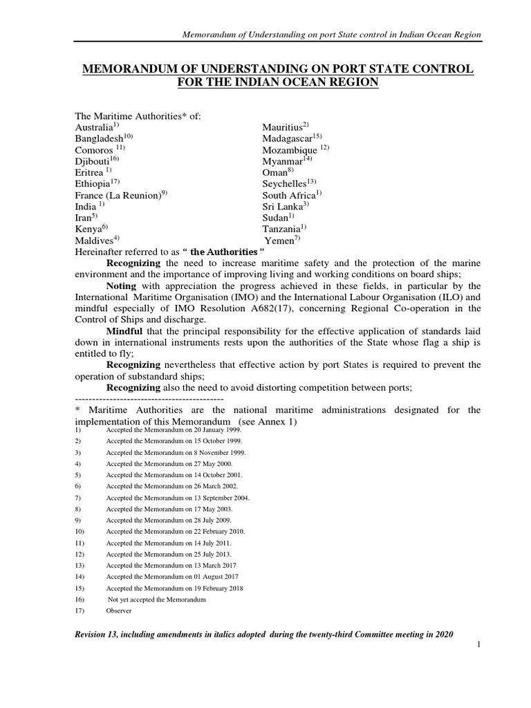 Indian Ocean Port State Control MOU | PDF
