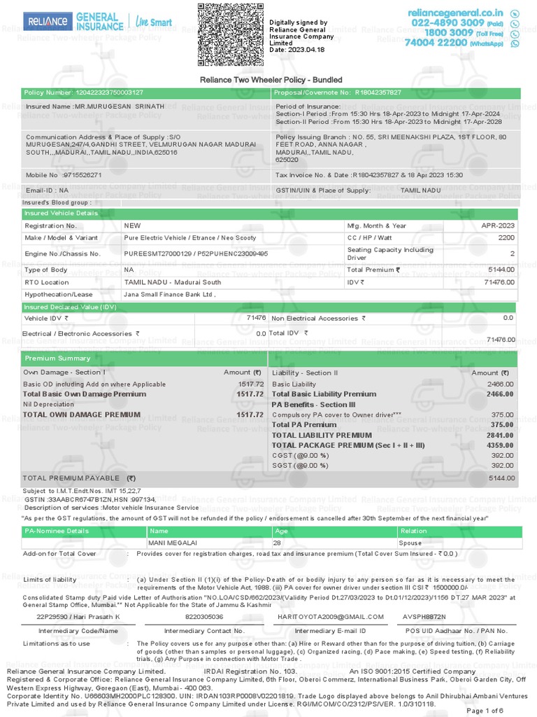 Insured Vehicle Details and Policy Terms for an Electric Scooter