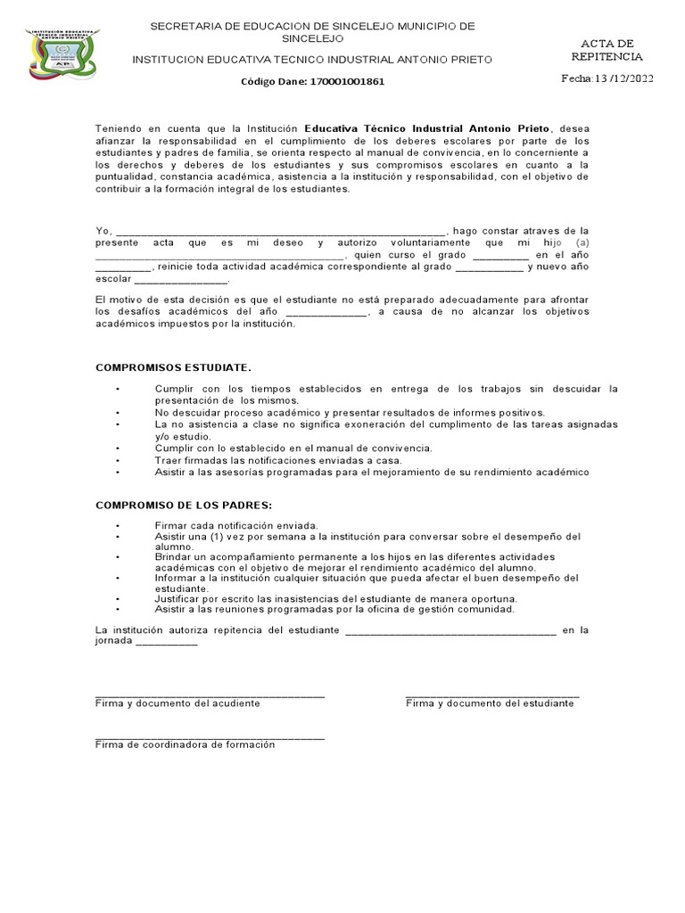 Acta de Repitencia Primaria. | PDF