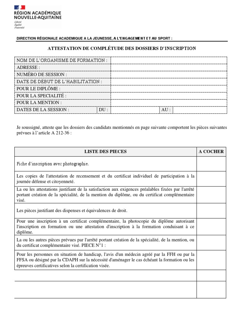Modèle D'attestation de Complétude Des Dossiers D'une Promotion PDF
