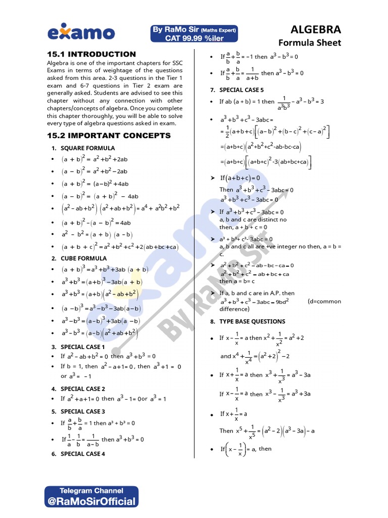 Algebra: Formula Sheet | PDF | Mathematics | Algebra