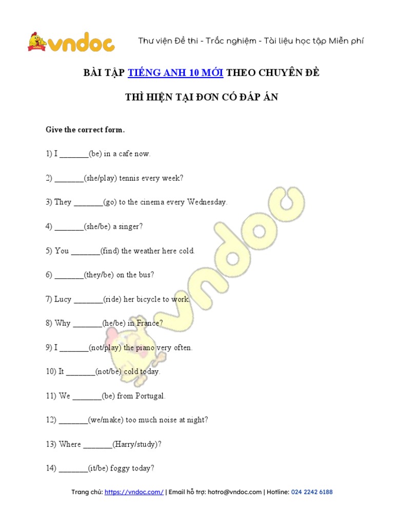 Bai tap thi hien tai don lop 10 co dap an pdf