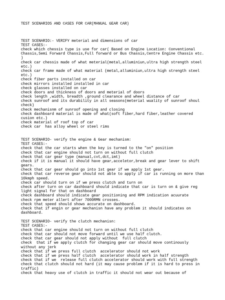 Test Scenario and Test Cases On Car PDF Clutch Car