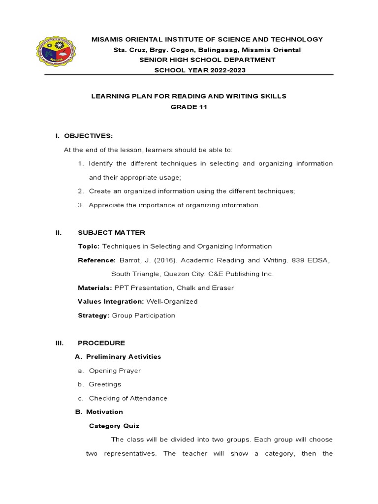Grade 11 Reading & Writing Skills Plan | PDF | Information | Plot ...