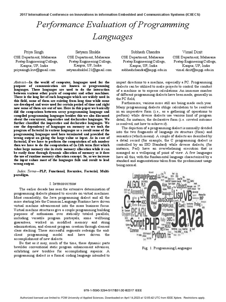 Performance Evaluation of Programming Languages | PDF