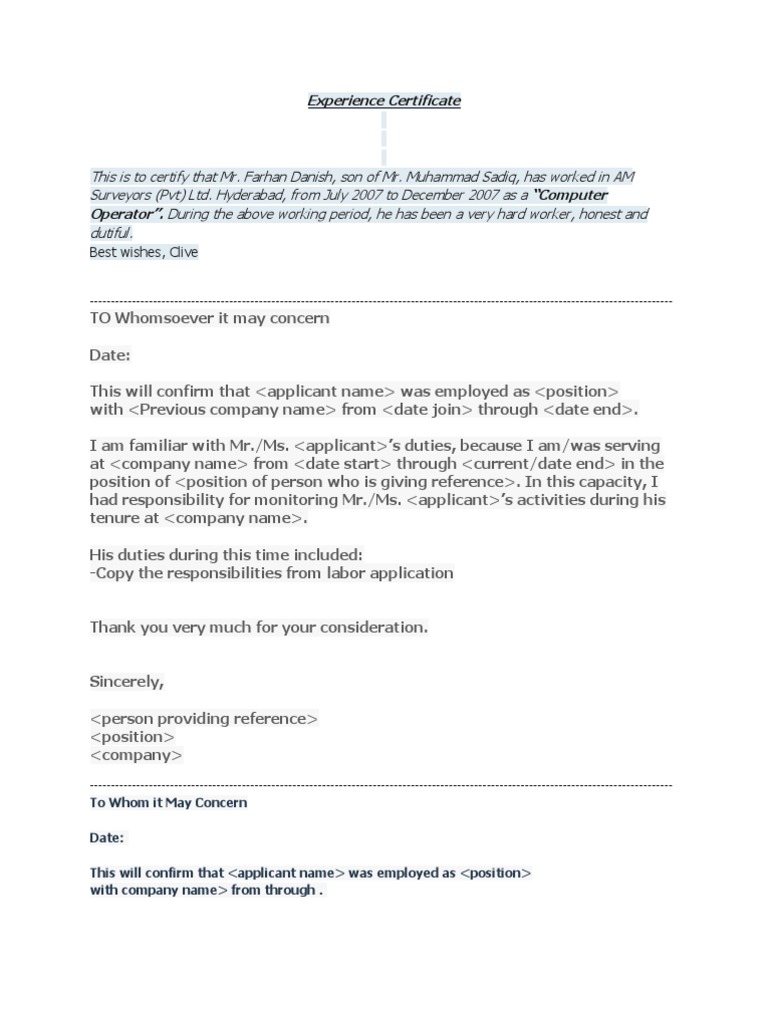 Computer Operator Experience Certificate | PDF | Labour | Business