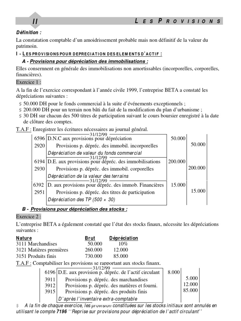 Compta Provisions PDF Plus value Immobilisations