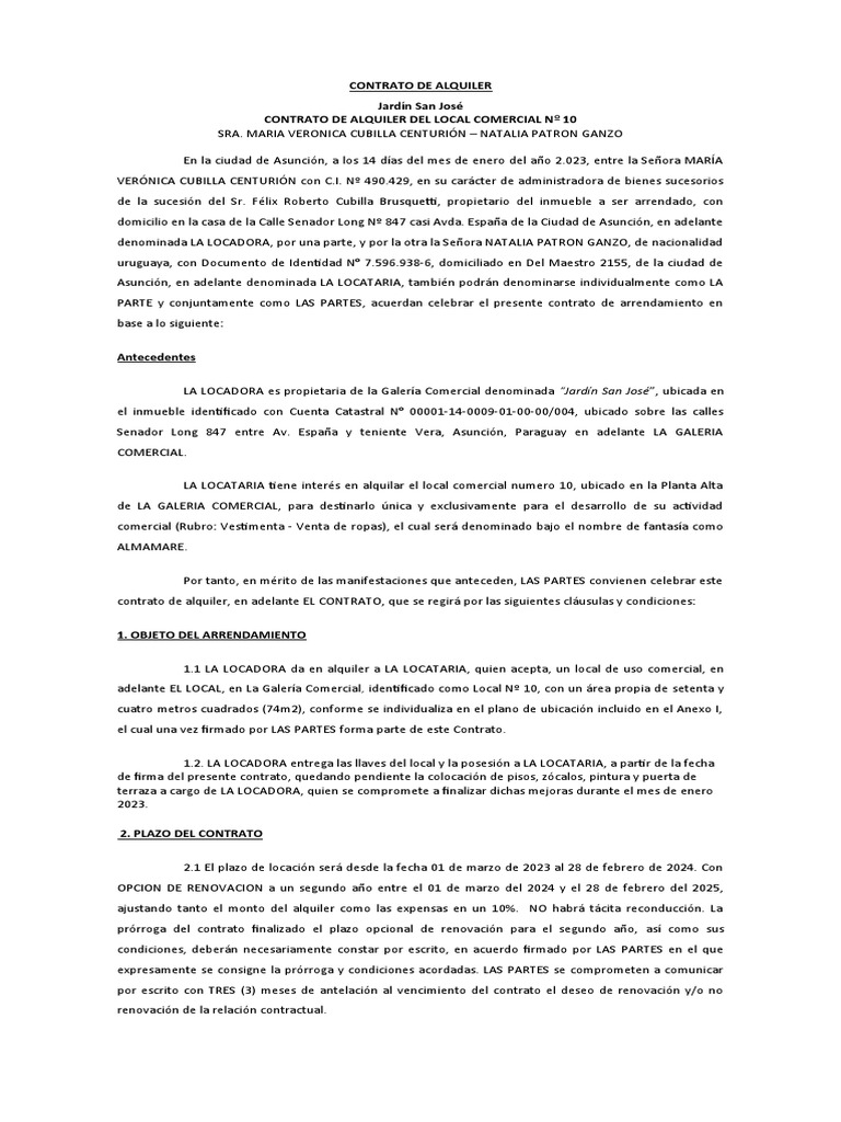 CONTRATO Alquiler LOCAL 10 Vero Cubilla Natalia Patrón PDF