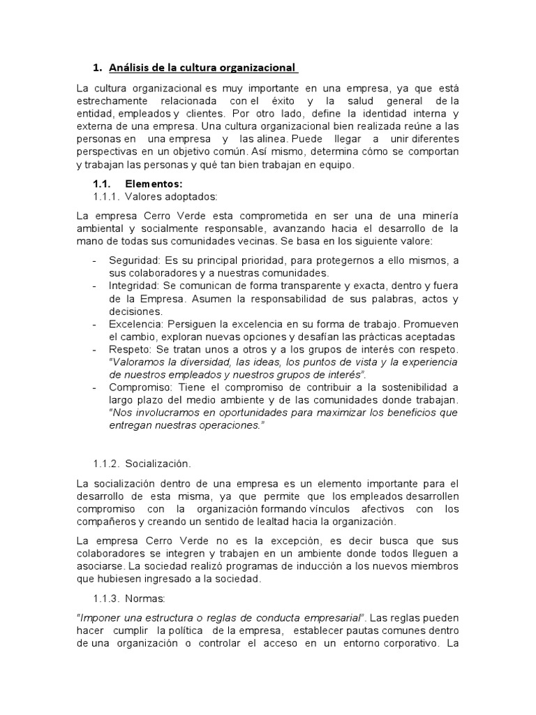 Análisis de La Cultura Organizacional | PDF | Cultura organizacional ...