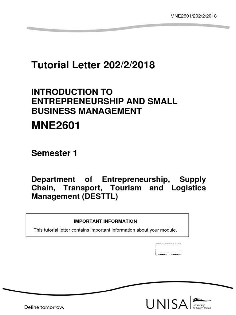MNE2601 Entrepreneurship Tutorial Letter | PDF | Textbook | Business
