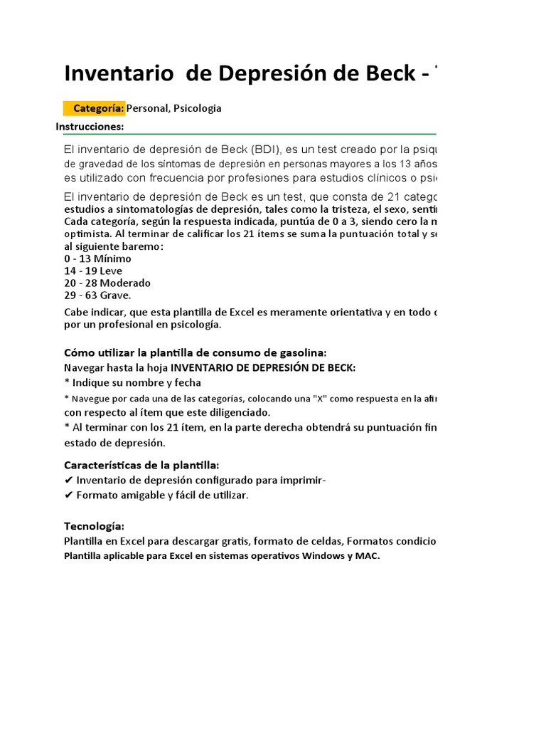 Inventario de Depresión de Beck: Test y Guía | PDF | Depresión (estado ...
