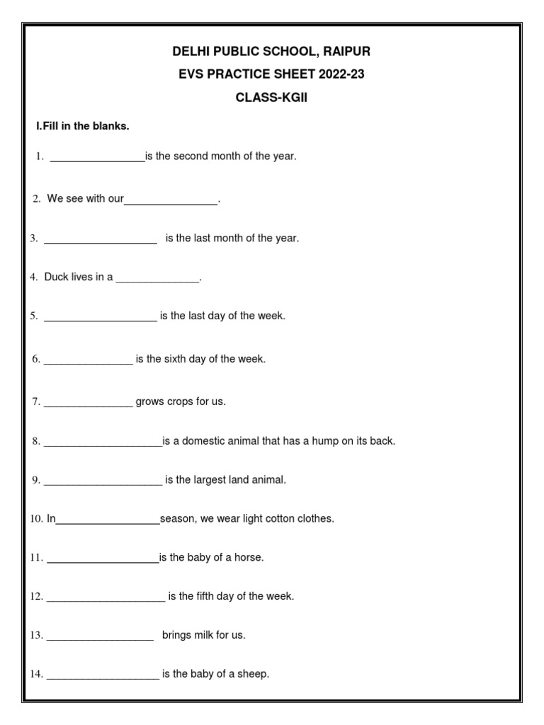 Delhi Public School, Raipur Evs Practice Sheet 2022-23 Class-Kgii | PDF ...