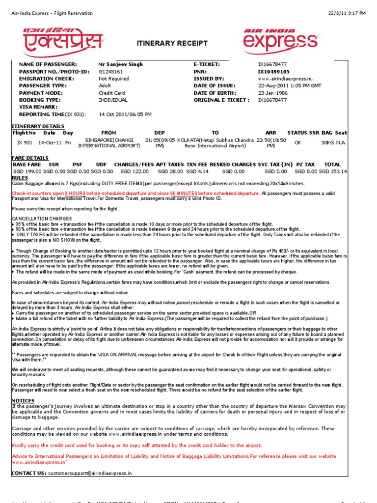 Air India Express Flight Reservation Pdf Airlines Fare