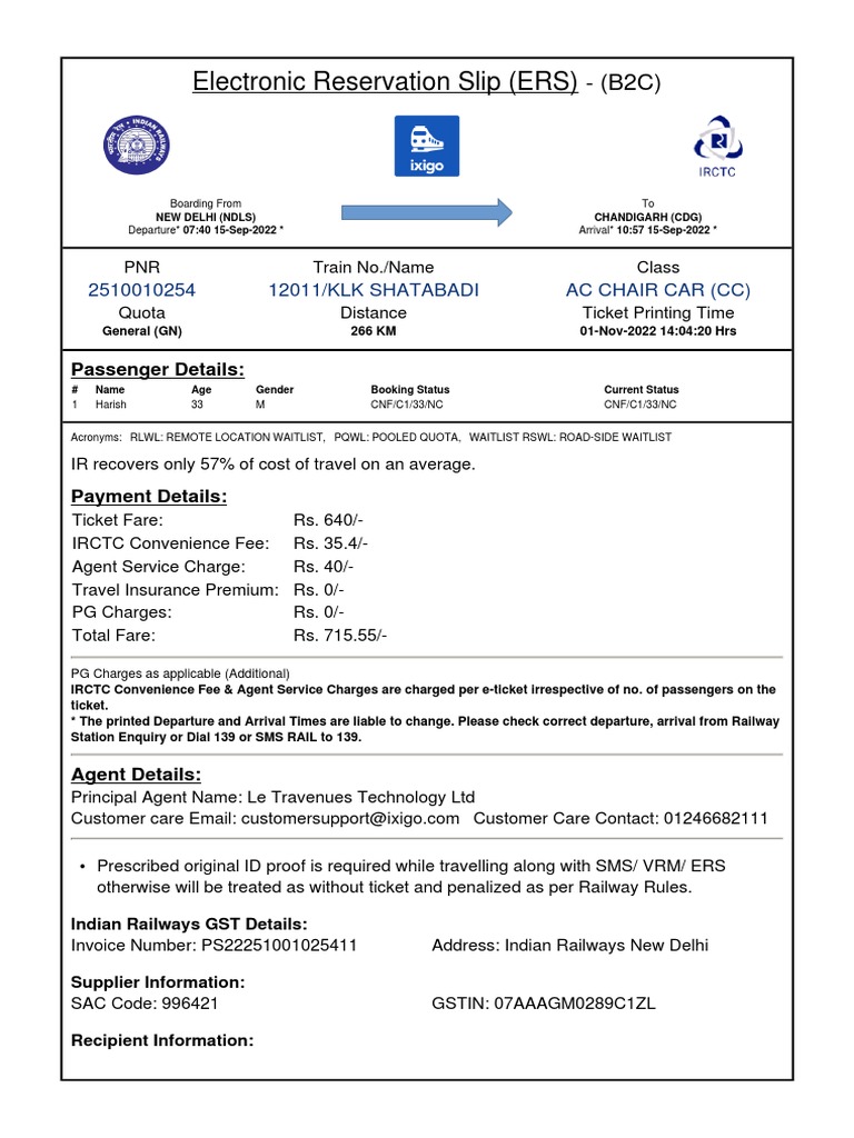 AC Chair Car Ticket for KLK Shatabdi 12011 | PDF