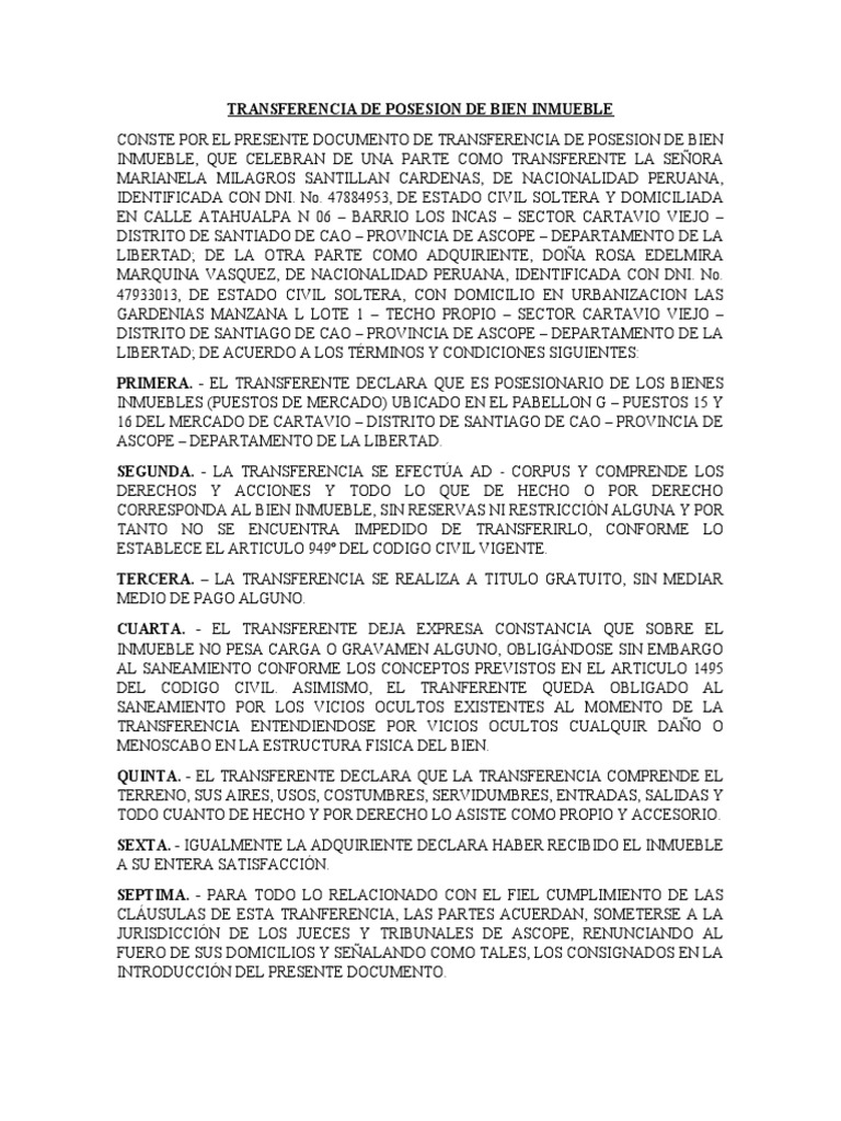Documento DE TRANSFERENCIA DE POSESION DE BIEN 2 PDF Justicia