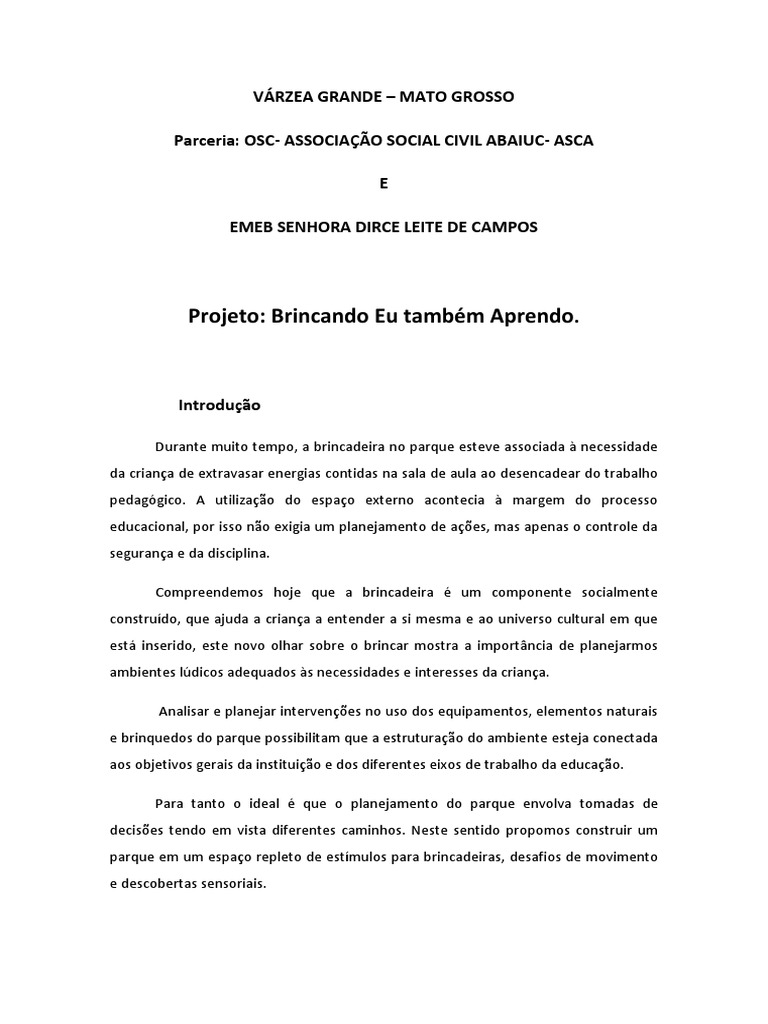 Projeto Brincando Eu Também Aprendo Pdf Aprendizado Ciência Cognitiva