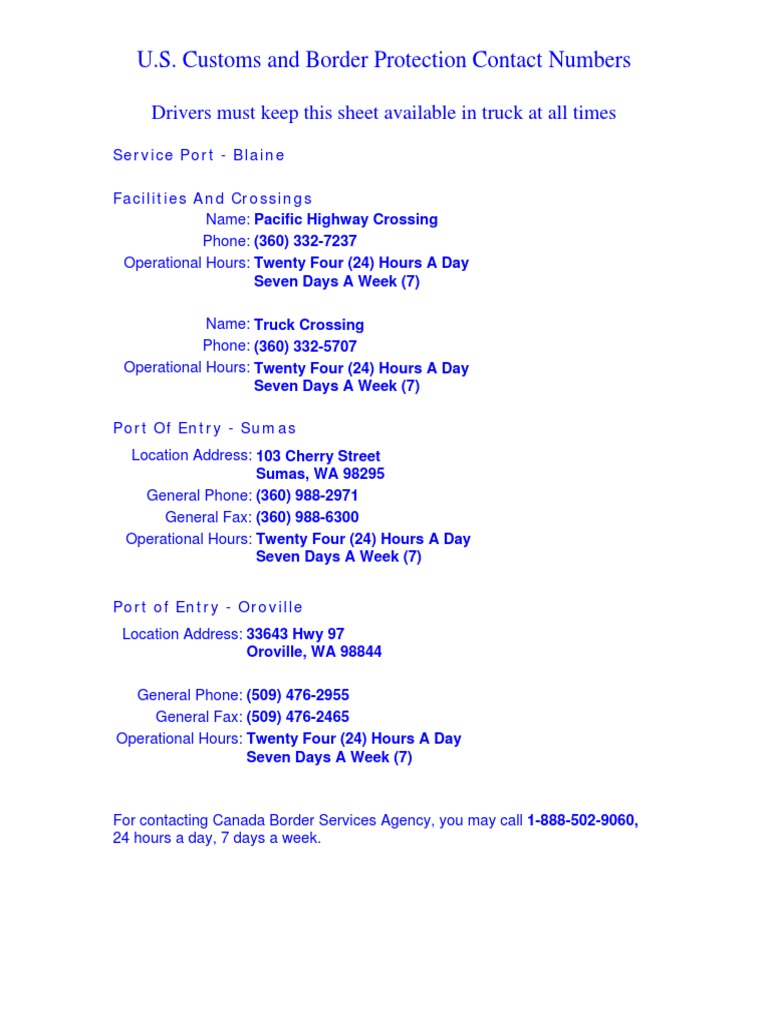 U.S. Customs and Border Protection Contact Numbers Drivers Must Keep This Sheet Available in