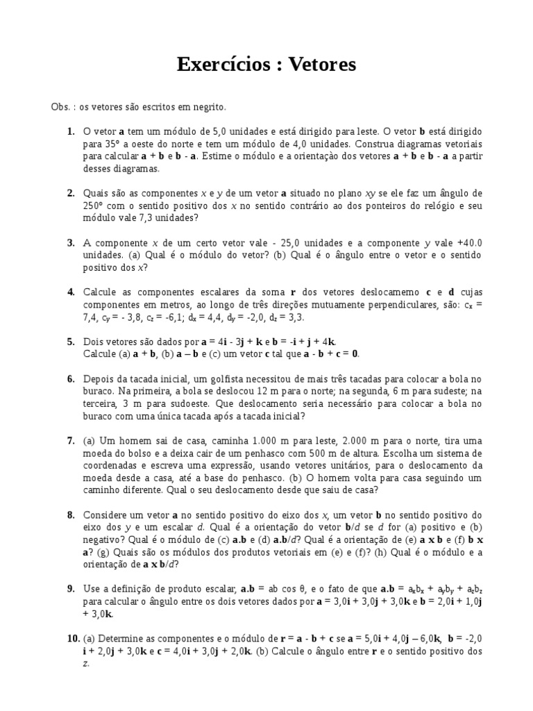 Exercícios de Vetores para 9º Ano | PDF | Vetor euclidiano | Geometria