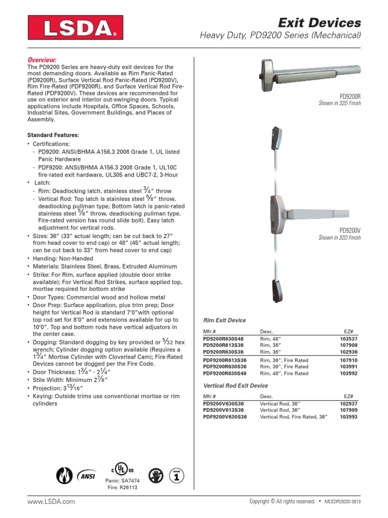LSDA Exit Devices PD9200 Series PDF Door Manufactured Goods