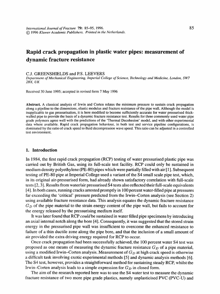 Rapid crack propagarion in plastic water pipes PDF Fracture