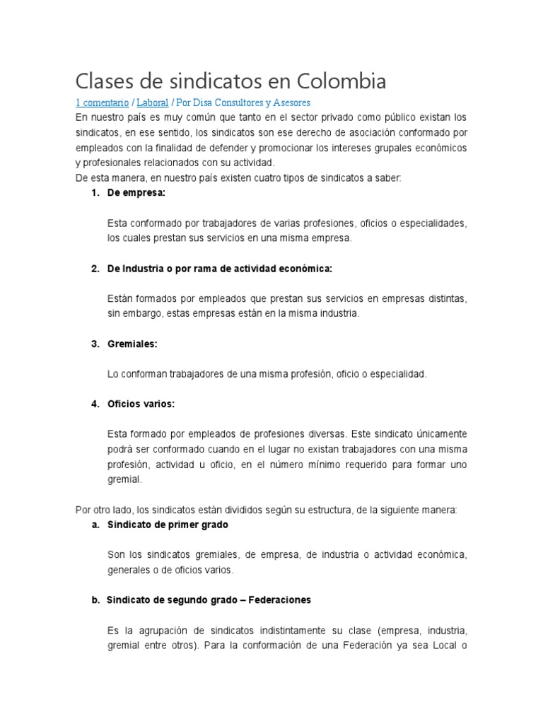 Clases de Sindicatos en Colombia | PDF | Sindicato | Economias