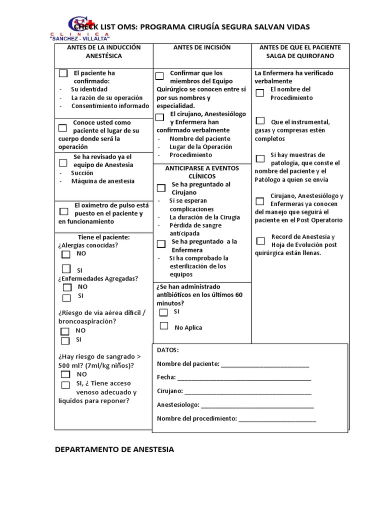 Check List OMS para Cirugía Segura | PDF | Anestesia | Cirugía