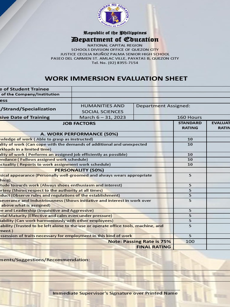 Work Immersion Evaluation Sheet | PDF | Economies | Business